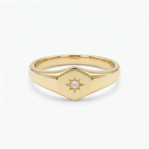 10k 14k 18k Star Diamond Signet Gold Ring, Minimal Gold Signet Ring With Diamond, Tiny Star Ring, Dainty Gold Ring, Stackable Ring - Etsy
