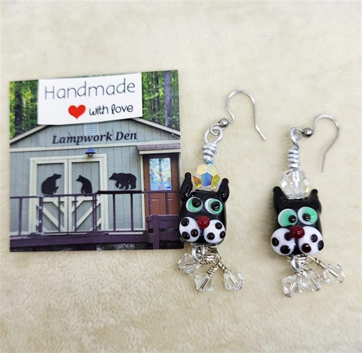 Artisan Handmade Lampwork Black Cat Earrings With Swarovski Crystal Accents, SRA - Etsy