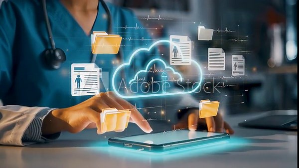 Doctor using a digital device to access secure cloud-based patient records, highlighting electronic data management, medical information storage, clinical workflow, and modern health care technology.