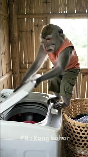 😂🐒 A smart monkey washing clothes using a washing machine like a human Cute, funny, and entertain