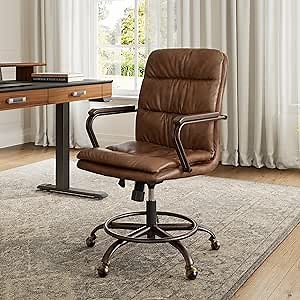 EUREKA ERGONOMIC Mid-Century Vintage Office Chair, Faux Leather Executive Desk Chair with Unique Ball Casters and Fixed Footrest Ring, Brown Retro Swivel Chair for Home Office and Study, Brown