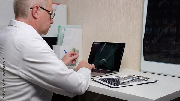 The radiologist interprets the patient's examination results. Computed tomography on film and digitally on a laptop.