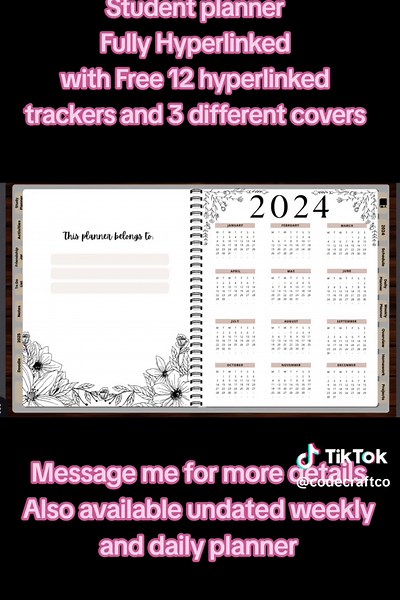 Student planner for 2024 to 2025. ✓All pages are fully hyperlinked ✓3 different covers ✓Includes 12 different trackers made with hyperlinks, too! Message me for more details! Also available: Weekly and daily planners.