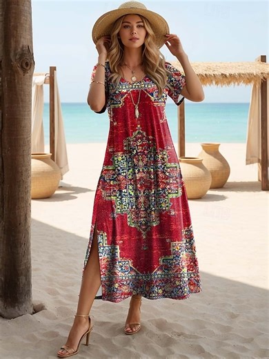 Women's Maxi Dress T Shirt Dress Tee Dress Sundress Shift Dress Bohemia Vacation Party Holiday Regular Fit Vintage Bohemian Short Sleeve Crew Neck Black Red Navy Blue Blue 2025 - $27.99