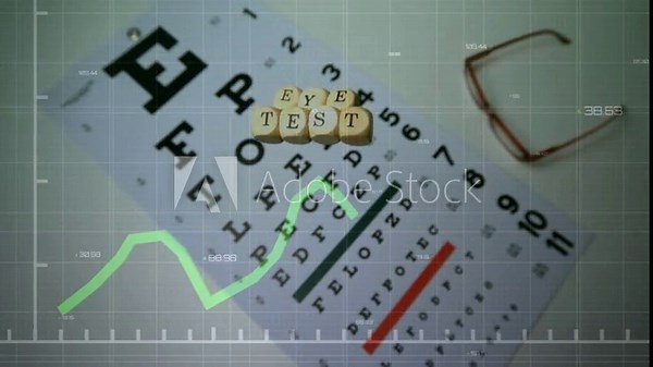 Wooden cubes appearing, forming EYE TEST, tumbling on chart while neon-green graph tracing vision