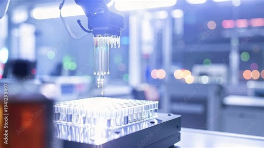 Robotic Arm in Lab: A modern robotic arm meticulously conducts scientific research within a high-tech laboratory setting.