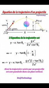 ▶️ L'équation de la trajectoire d'un projectile: Le mouvement de projectile est un phénomène physique où un objet est lancé dans les airs avec une certaine vitesse initiale et un angle par rapport à l'horizontale. Une fois lancé, l'objet suit une trajectoire courbe appelée parabole, influencée principalement par la gravité. Concept : Lorsqu'un objet est projeté à un angle, sa vitesse initiale se divise en deux composantes : horizontale et verticale. La composante horizontale reste constante, tan