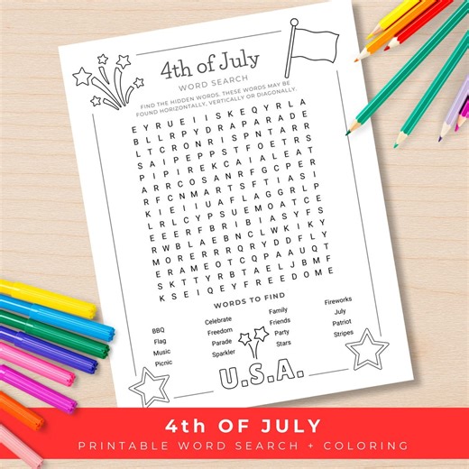 4th of July Word Search for Kids, Printable Coloring Activity Sheet, Independence Day Game, Summer Classroom Activity, Kids Puzzle PDF - Etsy