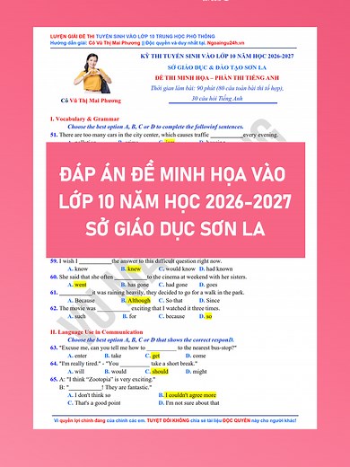 Đáp án đề thi minh họa lớp 10 môn Tiếng Anh 2026-2027