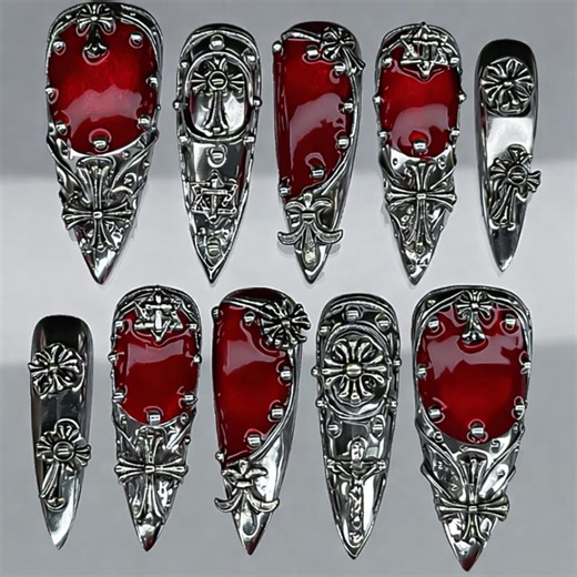 Blood Red Chrome Gothic Nails | 3D Cross & Catholic Symbol Press on Nail Set - Etsy
