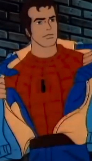 Peter Parker 📷 changes into his Spider-Man 🕷️ costume 🥸 in the series 📺 'Spider-Man' from 1981. Peter is traveling through an alley when he decides on a wardrobe change before anyone sees him. Notice how Peter needs to set up his web shooter on his wrists in this version. In other versions one of his powers is the ability to create webs 🕸️ naturally. Spider-Man stores his street clothes by sticking them to the wall using his webs. Spidey says, "Good old spider webbing. The next best thing t