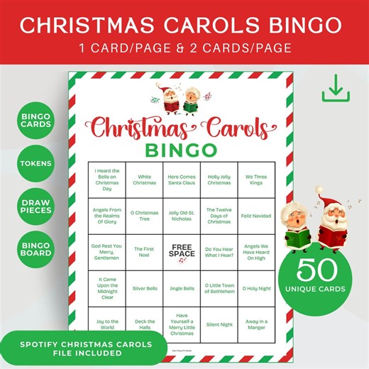 Classic Christmas Carols Bingo, 50 Printable Cards for Party Fun, Festive Holiday Activities, Senior Bingo, BC - Etsy