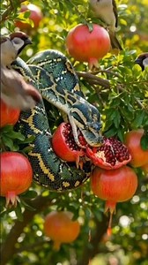 A python starts chewing and eating a pomegranate growing on a tree #youtubeshorts