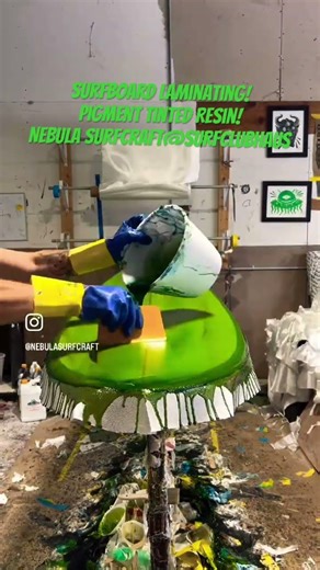 Surfboard Laminating with Nebula Surfcraft! Pigment tinted resin. Logan putting 10+ hours in!!!