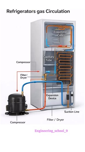 Engineering School on Instagram: "🔹 How Refrigerator Gas Circulates | Working of Fridge Cooling System ❄️ Ever wondered how your refrigerator keeps things cold? ❄️ Learn the complete refrigerator gas circulation process and how the refrigerant works inside your fridge to absorb heat and cool your food. 💡 Perfect for students, engineers, and tech enthusiasts! • Refrigerator gas circulation • Fridge cooling system • Refrigeration cycle • How refrigerator works • Refrigerant flow • HVAC basics •