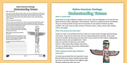 Native American Heritage: Understanding Totems Worksheet for 3rd-5th Grade