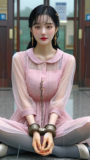 The beautiful nurse is arrested in the pouring rain, completely drenched, while wearing handcuffs and ankle restraints. 美女护士穿制服戴手铐脚镣在大雨中被捕，浑身湿透#护士 #制服 #美女 #femaleprison #handcuffs #shackles #女囚 #女犯