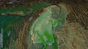 Sagaing - division of Myanmar with its capital zoomed on the physical map of the globe. Animation 3D