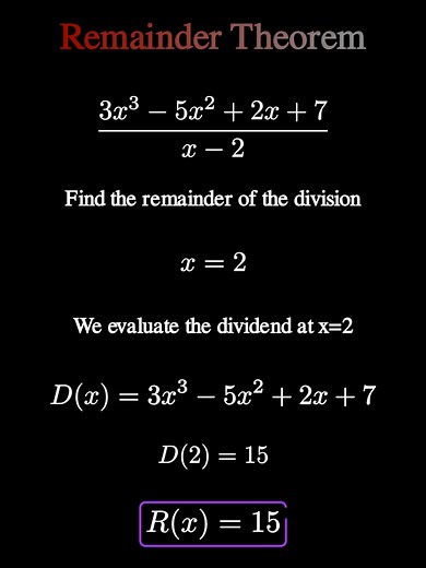 📐 Remainder Theorem Explained Visually | Algebra II Must-Know! #RemainderTheorem #PolynomialDivision #Algebra2 #MathTricks #RemainderShortcut #HighSchoolMath 🔍 Stop wasting time on long division! In this video, we’ll unlock the Remainder Theorem to quickly find the remainder of a polynomial division without dividing at all. 📈 Why This Matters: This technique is a game-changer in Algebra II and Pre-Calculus. It shows up in tests like the SAT and makes factoring and graphing polynomials way fas