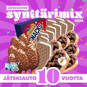 Jätskiauton 10v juhlavuosi! 🥳 Synttärimix juhlasekoitus sisältää 6kpl Toffeeveneitä, 10 kpl Vanilja Sandwicheja ja 8kpl Dumle Snacks puikkoja. ❤️ Säästö 6,45€! 🤑 Juhlavuoden kunniaksi nyt ladattavissa huikeita tarjouskuponkeja 🤩 Nähdään Jätskiautolla.🍦 | Jätskiauto