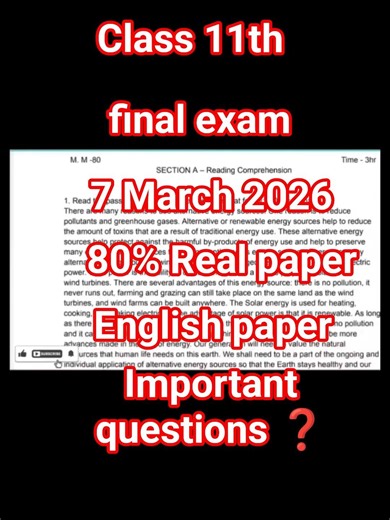 class 11th final exam English part 1, 7 march 2026 80% real paper #vairalpaper #vairal PSEB board