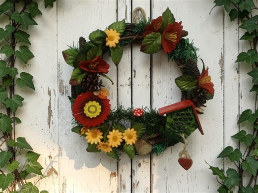 Spring Harvest Wreath, Sunflowers, Birdhouse, Rustic Farmhouse Door Decor - Etsy