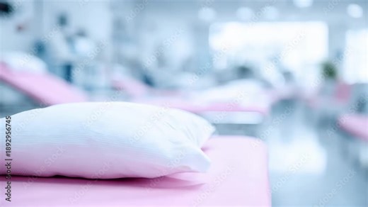Organized layout in a large exam room with a focus on a clean exam table medical instruments in sharp detail and softly blurred seating area behind.