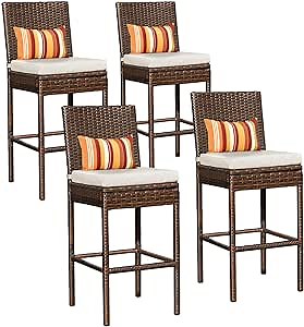 Sundale Outdoor Bar Stools 30 Inch Seat Height Set of 4, Patio Wicker Counter Stools with Back Rest, High Brown Rattan Chair with Pillow & Beige Cushion, All-Weather Armless Tall Pub Barstool