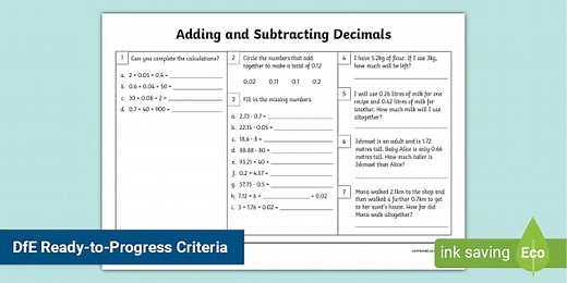 Adding and Subtracting Decimal Numbers Activity Sheet
