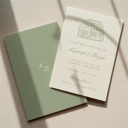 Barn Wedding Invitation Card | Sage Green Rustic Farm House Canva Template | Country Doodle Illustration Monogram Printable Invite - Etsy