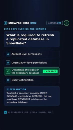 SnowPro Core Quiz #209 | What is required to refresh a replicated database in Snowflake #snowprocore