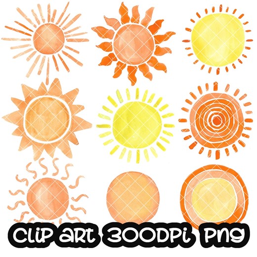 Sun Clip Art, Watercolor Clipart (PNG, Instant Download) - Etsy