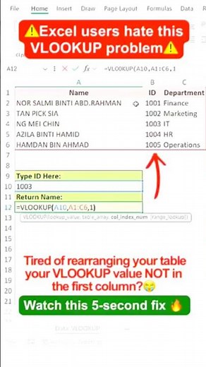 👉VLOOKUP Value Not in First Column? Use This Excel Trick