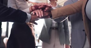 Hands, stack and business people in a team with applause, celebration and mission with corporate win