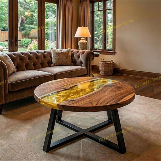 Metallic Yellow Epoxy Round Coffee & Dining Table | Solid Acacia Wood | Handmade Made to Order - Etsy