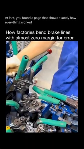 How everything worked on Instagram: "Brake lines are bent—not kinked—using controlled pressure to keep fluid flowing safely. The process usually starts with steel, stainless steel, or copper-nickel tubing cut to length and deburred so no metal shavings enter the system. A tubing bender is the key tool. It supports the outside of the tube while a curved former guides the bend, spreading stress evenly. This prevents flattening or cracking, which would weaken the line and restrict brake fluid. For 