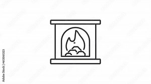 Animated fireplace line icon. Burning flame inside fire place animation. Home heating. Warming up. Real estate. Loop HD video with alpha channel, transparent background. Outline motion graphic