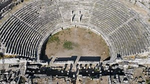 View of historical ruins, columns, ancient theater and temples in the ancient city of Miletus.