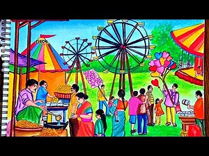 HOW TO DRAW FUNFAIR DRAWING |DRAWING OF VILLAGE FAIR |STEP BY STEP #mela #compitition #drawing
