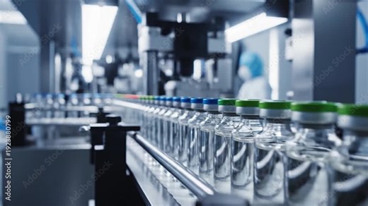 Glass Medical Vials Moving on an Automated Conveyor Belt in a Sterile Pharmaceutical Factory