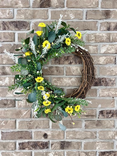 Front Door Spring Wreath | Yellow Wildflower Decor | Summer Floral Vibes | Trending Half Moon Wreath - Etsy