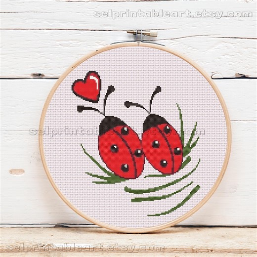 Ladybug Cross Stitch Pattern, Cute Ladybugs Couple in Love Embroidery, Romantic Insect Ornament Pattern, Red Bug Design Digital Download - Etsy