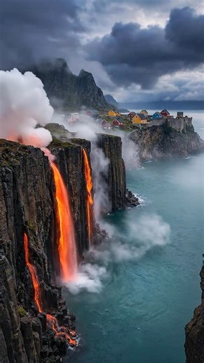 A river of molten rock cascades over a jagged cliff, glowing bright orange and red against the darkened landscape. Smoke and steam rise as the lava meets cooler rock below, forming a surreal, otherworldly waterfall. The heat ripples the air, and every droplet of molten stone sparks as it falls, a breathtaking yet dangerous spectacle of nature’s raw power. #lavafall #moltenriver #volcaniclandscape #surrealnature #fierycascade #heatwaves #whatif #surrealviews #fblifestyle #Earthimpacts #openartai 