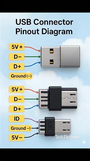 TechElectronic Bhai on Instagram: "USB Connector Pinout Explained 🔌 | Simple Circuit Diagram for Beginners! ##video #explorepage #like4like #like #reels #explore #trending #viral #reelsinstagram #electronicvideos #USBPinout #CircuitDiagram #Electrical #Electrician #Shorts #ShortsFeed #ElectronicsDIY #TechElectronic119 #ElectronicsProject #USBConnector #WiringDiagram #ReelsTraining #DIYRepair #ElectronicsLearning #EngineeringReels 1. USB connector pinout 2. USB wiring diagram 3. USB circuit expl