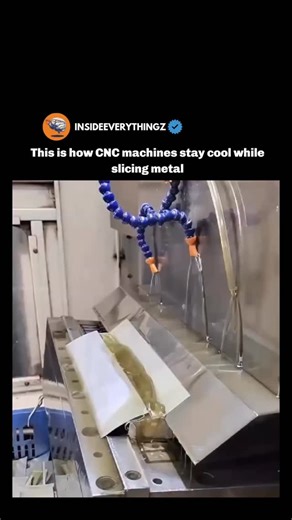 Explore l Learn l Facts on Instagram: "CNC machines stay cool while slicing metal by using a continuous flow of cutting coolant directed precisely at the tool and workpiece. This coolant reduces extreme heat generated by friction, prevents tool wear, and keeps the metal from deforming during high-speed cutting. At the same time, it flushes away metal chips so the cutting edge stays clean and accurate. By controlling temperature and lubrication together, CNC systems maintain precision, extend too