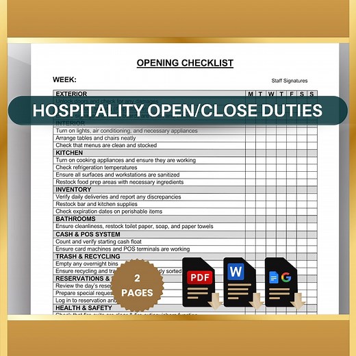 Restaurant Opening & Closing Checklist, Server Side Work List, Waitstaff Duties Template, Editable Word, Google Docs and Print PDF - Etsy
