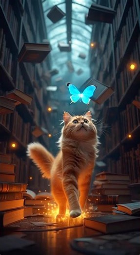 Magical Library Chase! 🐱✨ #Cat #MagicalLibrary #Fireflies #CutePet #ShortVideo