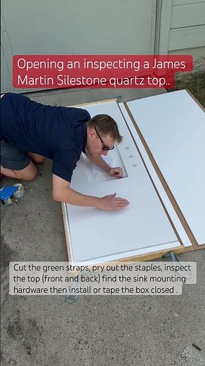 Opening and inspecting a James Martin 60-inch Silestone 3cm Zeus White Quartz countertop.