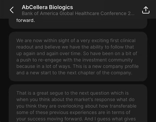 $ABCL Just now @ BoA - @AbCelleraBio CEO Carl Hansen when asked about what the market is overlooking: “I believe we now have best in class or best in world capabilities for some very important specific applications in therapeutic antibodies. So GPCRs and ion channels has been a heavy focus. Our first program, which I am sure we are going to talk about, ABCL635, is emblematic of that capability.We also have developed capabilities in Multispecific and more recently in ADCs. So the platform build i