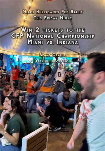 We’re giving away 2 tickets to Miami Hurricanes vs Indiana in the CFP National Championship Game — winner announced LIVE this Friday night at our Miami Hurricanes Pep Rally at Grails. Friday, January 16 Pep Rally starts 8:00 PM Winner announced around 10:00 PM How to enter the CFP National Championship ticket giveaway: • Be inside Grails Miami • Raffle tickets start at 8 PM • In-person only, first come first served • 1 raffle ticket per guest • Wearing Canes gear = extra raffle ticket • Tickets 